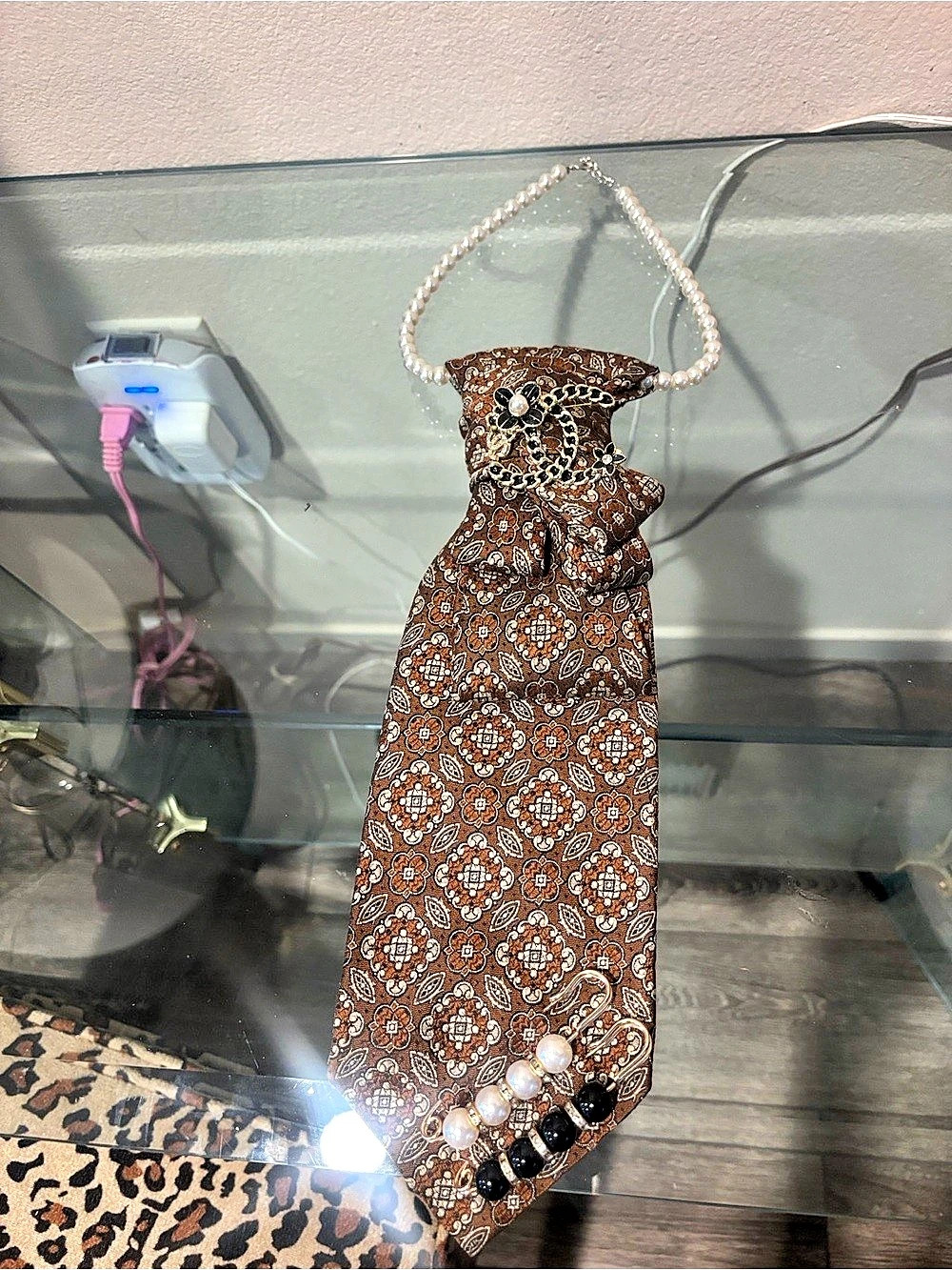 Paisley Embellished Scarf Necklace in Brown & White